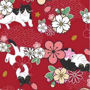 Cat & Cherry Blossoms  - HACHIWARE ROMANCE - Red - Asian Japanese Fabric - Half Yard - Cotton 100% - Cosmo