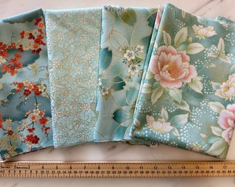 4 Fat Eighth bundle - Mint/Aqua/Teal/Gold - Imperial Collection: Honoka - Cotton 100% - Made in Japan - Asian Fabrics