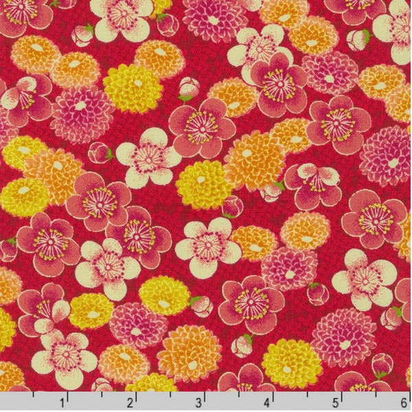 Kiku - Mum & Plum flowers - Red/Gold - By the Half Yard - Cotton 100% Quilting Fabric - Made in Japan