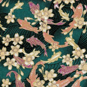 KOI: Green and Gold Metallic Asian Japanese Fabric - Half yard