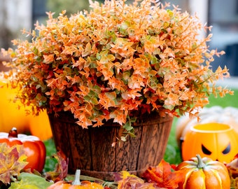 Flores artificiales para mamás, flores falsas para exteriores, cara exterior, resistentes a los rayos UV, arbustos sintéticos que no se decoloran, jardín del hogar, verde y naranja