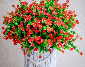 Flores artificiales Plantas de plástico para exteriores - 24 paquetes Primavera exterior Cara verde falsa Resistente a los rayos UV No se decolora Arbustos sintéticos Jardín - Rojo