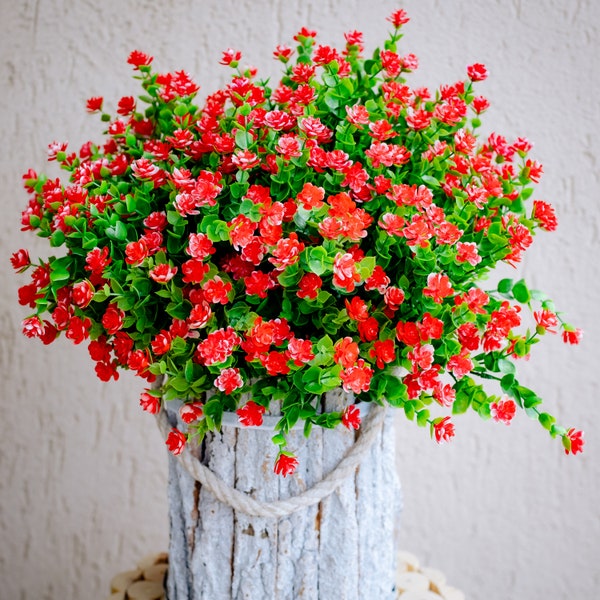 Artificial Flowers Outdoor Plastic Plants - 24 Bundles Spring Outside Fake Greenery Face UV Resistant No Fade Faux Shrubs Garden - Red