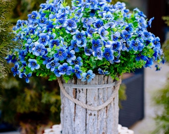 Flores artificiales para plantas falsas al aire libre - Cara exterior Resistente a los rayos UV Sin decoloración Arbustos falsos de boda Jardín de casa de madera de boj - Azul