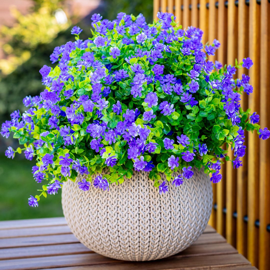 Nigirior 6 Bundles UV Resistant Artificial Flowers - Red, Rose Red, Purple, For Outdoor Planters & Garden - View #2
