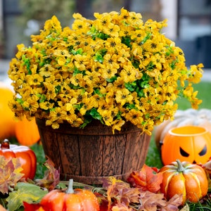 Artificial Mums Flowers for Outdoors UV Resistant - 32 Bundles Faux Fake Plants Plastic Bushes Shrubs No Fade Artificial Greenery - Yellow