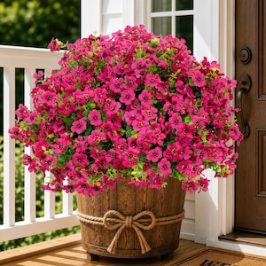 May include: A large, rounded arrangement of vibrant magenta flowers with small yellow centers, densely packed with green foliage, contained within a brown, wood-textured barrel-style planter featuring a decorative thick rope tied in a bow.