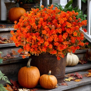 UV Resistant Artificial Mums: Outdoor Fake Flowers, Green & Orange
