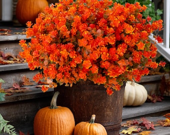 UV Resistant Artificial Mums: Outdoor Fake Flowers, Green & Orange