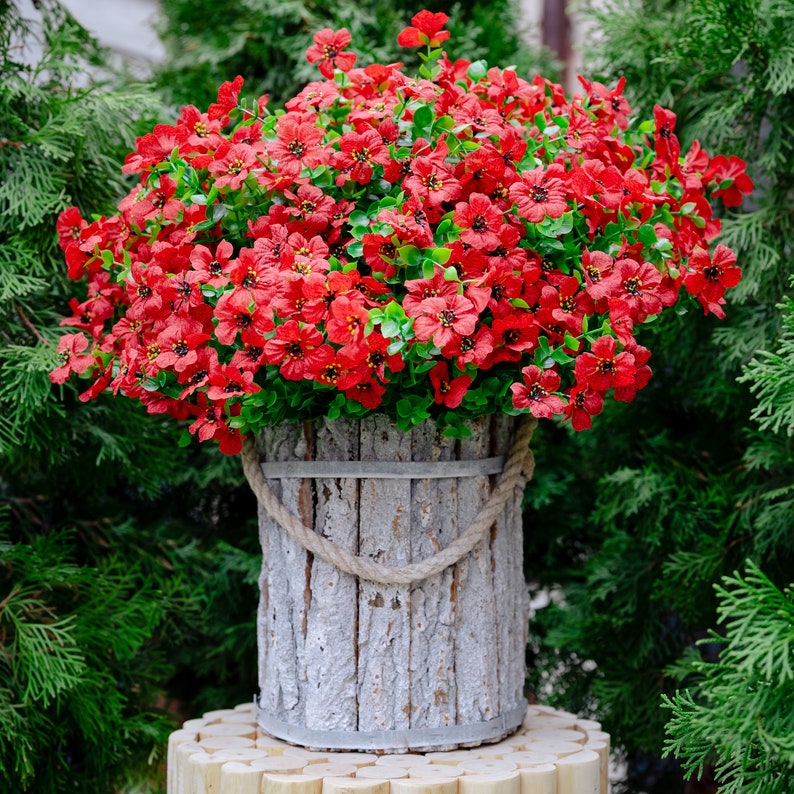 Artificial Flowers for Outsoors Fake Plants Home Outside Face UV Resistant No Fade Faux Shrubs Boxwood Wedding, Garden Red image 10