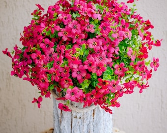 Fleurs artificielles fausses plantes d'extérieur - Soie plastique à l'extérieur du mariage, faux buis résistant aux UV, jardinière de verdure pour le visage de la maison - Rouge rose