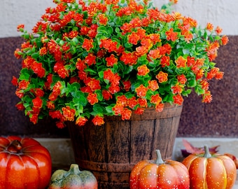 Artificial Mums Flowers Outdoor Plastic Plants - 24 Bundles Outside Face Fake Greenery UV Resistant No Fade Faux Shrubs Home Garden - Orange