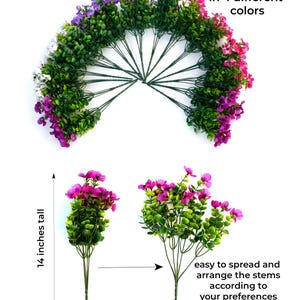 May include: A set of 16 artificial flower bundles in four different colors. Each bundle is 14 inches tall and 9 inches wide. The bundles can be arranged to create a variety of floral displays.