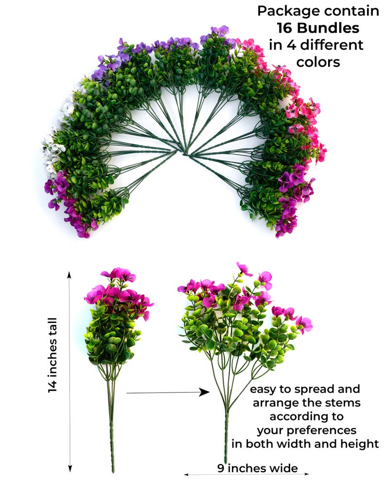 May include: A set of 16 artificial flower bundles in four different colors. Each bundle is 14 inches tall and 9 inches wide. The bundles can be arranged to create a variety of floral displays.