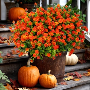 Artificial Mums Flowers: UV Resistant Orange Faux Shrubs