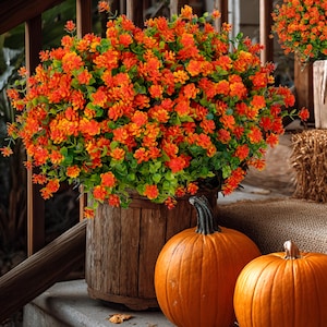 Artificial Mums Flowers Outdoor Plastic Plants - 24 Bundles Outside Face Fake Greenery UV Resistant No Fade Faux Shrubs Home Garden - Orange