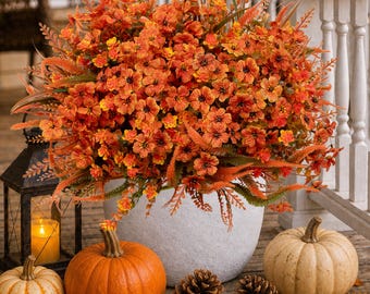 Artificial Mums Flowers: UV Resistant Outdoor Fall Decor - Orange & Green