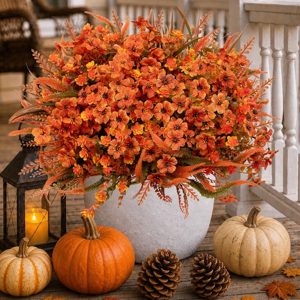 Artificial Mums Flowers: UV Resistant Outdoor Fall Decor - Orange & Green