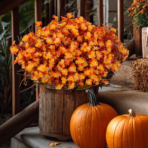 Artificial Mums Flowers: UV Resistant Outdoor Fall Decor - Orange & Green