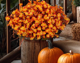 Artificial Mums Flowers: UV Resistant Outdoor Fall Decor - Orange & Green