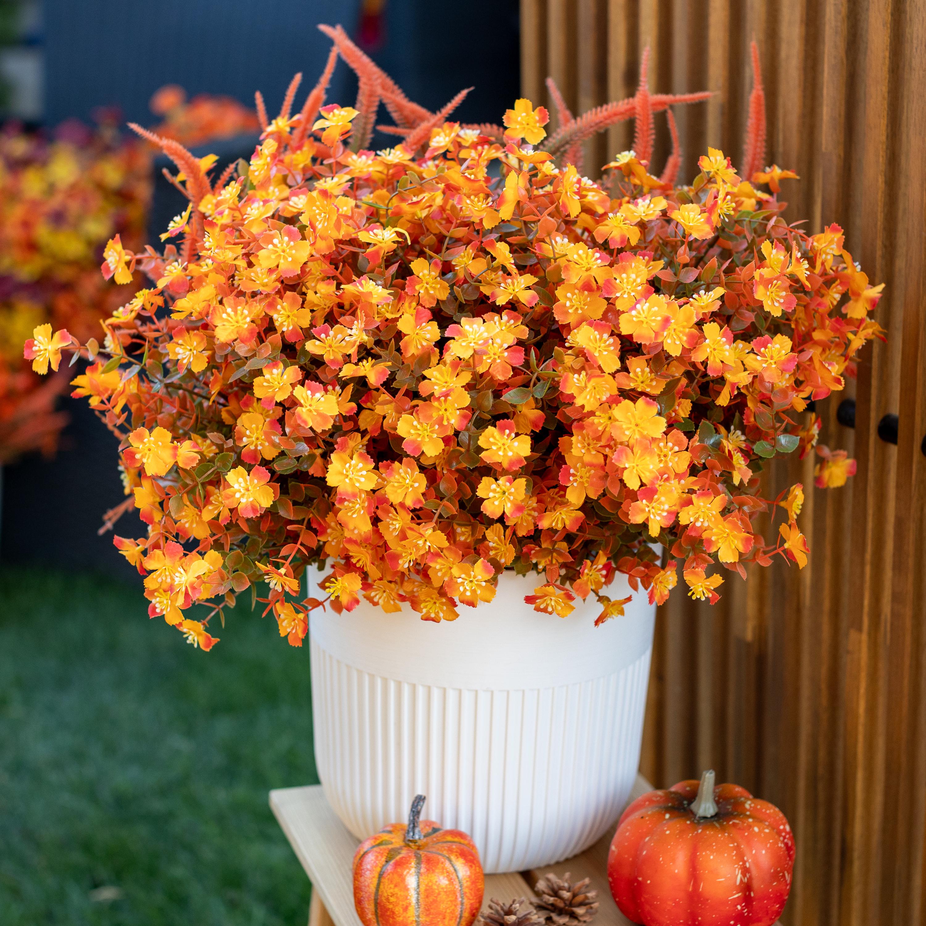Artificial Mums Flowers: UV Resistant Outdoor Fall Decor - Orange