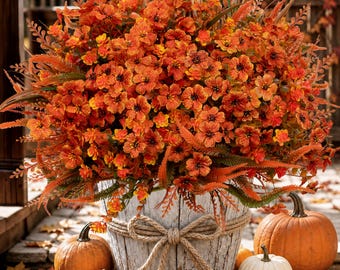 Artificial Mums Flowers: UV Resistant Outdoor Fall Decor - Orange & Green