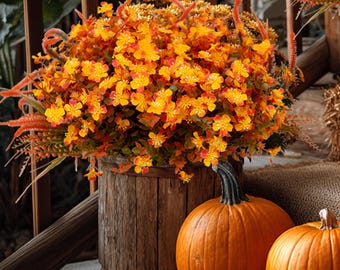 Artificial Mums Flowers: UV Resistant Outdoor Fall Decor - Orange & Green