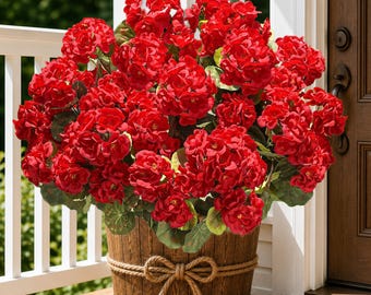 UV Resistant Artificial Geraniums for Outdoors, 8 Bundles Red Faux Flowers