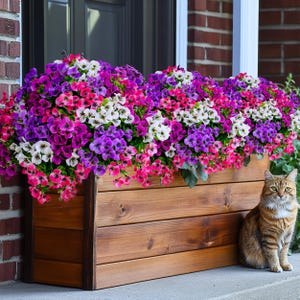 May include: A wooden planter box overflowing with a mix of pink, purple, and white flowers. A tabby cat sits beside the planter, looking at the camera.