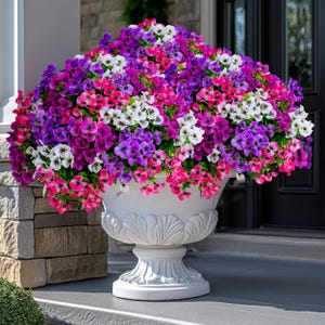 May include: A white ceramic planter with a decorative design holds a vibrant mix of pink, purple, and white flowers. The flowers are in full bloom and create a beautiful display.