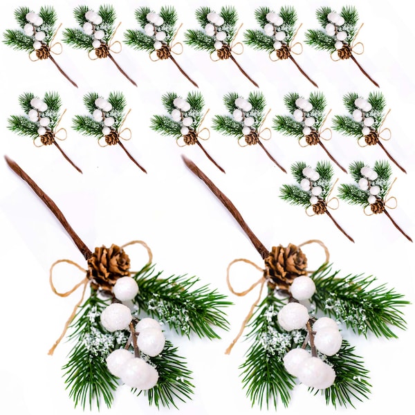 Christmas Decorations Floral Picks and Sprays Pine Branches - 16 Pcs Tree Stems Berries Small Spot Evergreen Artificial Holly for Xmas White