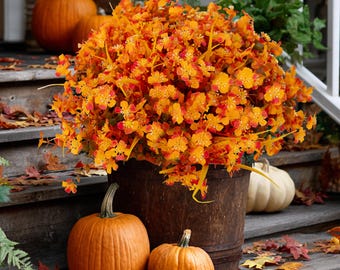 Artificial Mums Flowers: UV Resistant Orange Mixed Fall Decor - 12 Bundles
