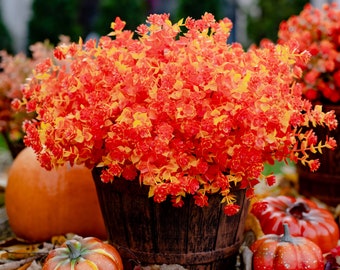 Flores artificiales para mamás, plantas de plástico para exteriores, 12 paquetes de cara exterior, vegetación falsa, resistente a los rayos UV, no se decolora, jardín de casa falso, naranja y amarillo