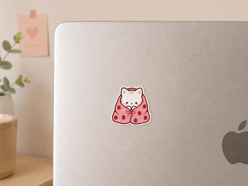 Strawberry Cat Blanket Sticker, Cozy Kawaii Kitty Vinyl Decal, Pink ...