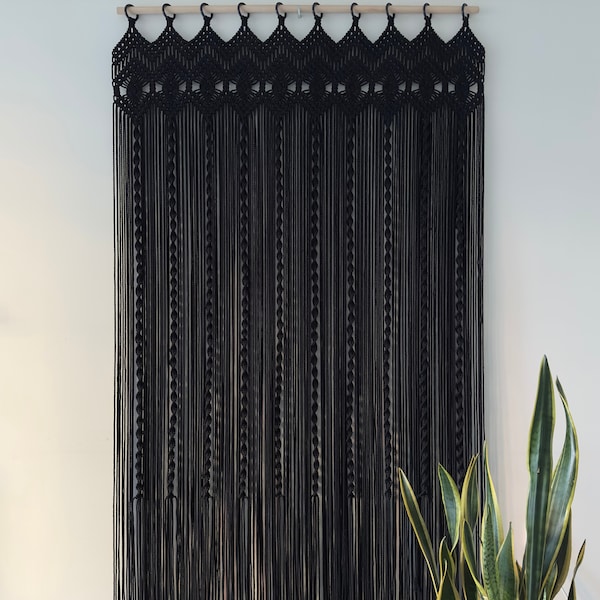 Handcrafted Black Macrame Curtain, Unique Boho Chic Home Decor, Large Macrame Door and Window Curtain, Customizable Size, Color & Pattern