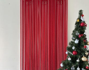 Red Bohemian Macrame Curtain, Handmade Room Divider