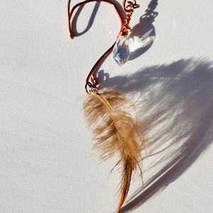 Copper Elf Ear Cuff with Feather and Crystal Charm, No Piercing Ear Wrap