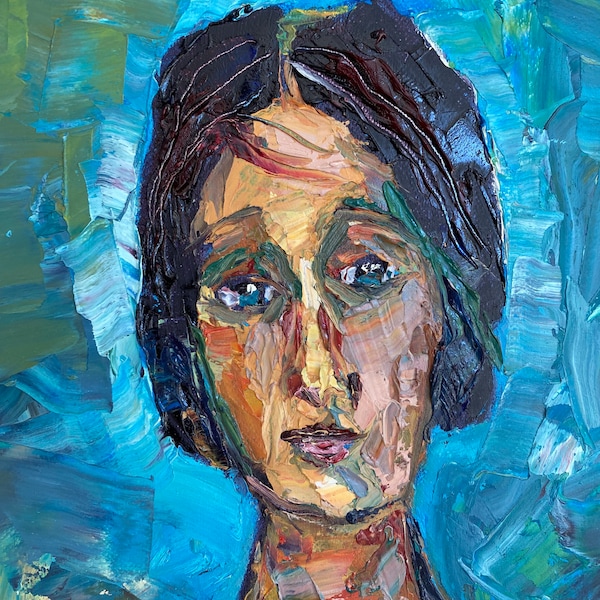 Tableau interprétation peinture de Modigliani « Christina » huile au couteau sur toile 38x46 cm, faite par Daria Artiste en 2021.