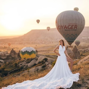 White Satin Flying Dress Engagement Dress Satin Long Train Dress Santorini Photoshoot Dress Photo Shoot Gowns & Dresses