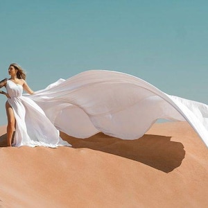 Flowy Long Train Photoshoot Dress One-Shoulder Long Train Satin Dress for Wedding long Flying Satin Dress For Photoshoot Weeding Dress