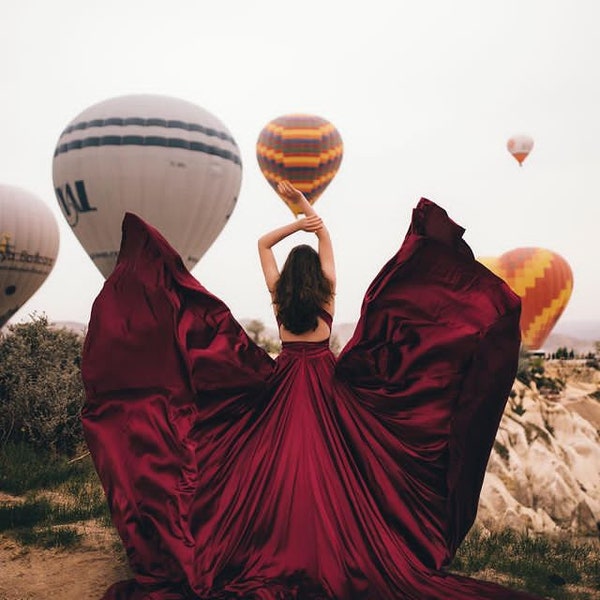 Long Flying Gown Flying Dress for Photoshoot Long Train Dress Photoshoot gown Flowy Dress |Satin Dress Santorini Flying Dress