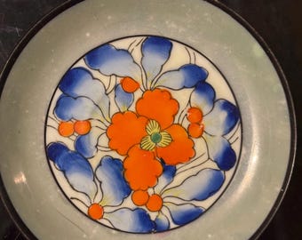 Exclusivo juego de aperitivos japonés Art Déco de 12 piezas con lustre – Servicio para 4 tríos (tazas, cuencos con platillos, platos) – Estilo Clarice Cliff vibrante