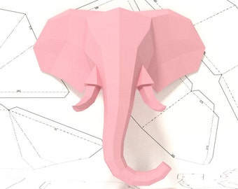 Elephant head wall trophy papercraft template, Origami, PDF Download DIY