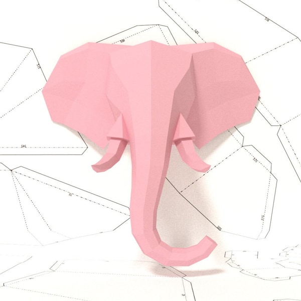 Modèle de trophée mural tête d'éléphant en papier, origami, téléchargement PDF DIY