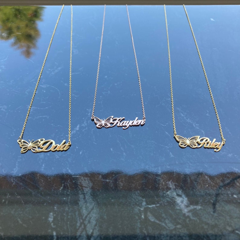 Name Necklace With Butterfly Dainty Butterfly Necklace Etsy