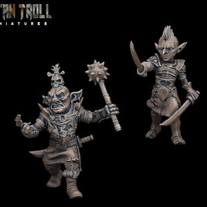 May include: Two fantasy miniature figurines of goblins, one with a spiked club and a skull on its head, the other with a sword. Both are wearing armor and have a menacing expression.