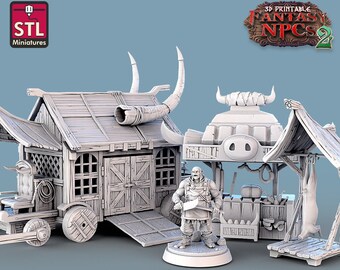Könnte beinhalten: Ein 3D-gedrucktes Miniaturset eines Metzgerladens mit einem Gebäude, einem Stand und einer Metzgerfigur. Das Gebäude hat ein Holzdach und ein Schild mit der Aufschrift "STL Miniatures". Der Stand hat einen Schweinekopf obenauf und ein Schild mit der Aufschrift "3D Printable Fantasy NPCs 2". Der Metzger hält eine Axt und trägt eine Lederschürze.