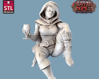 Drinkende dief miniatuur | Zittende vrouwelijke dief miniatuur | Dorpsbewoners | NPC | 32 mm | voor moderne tafelspellen