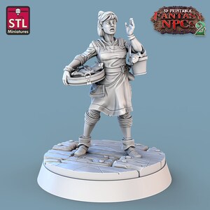 May include: A 3D printed miniature of a female character holding a basket of fish and a bucket. She is wearing a long apron and has a worried expression on her face. The miniature is part of a set of 3D printable fantasy NPCs.