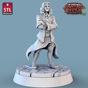 May include: A 3D printed miniature of a man wearing a long coat and boots. He has a stern expression on his face and is standing with his arms crossed. The miniature is on a stone base. The text "3D Printable Fantasy NPCs 2" is visible in the background.